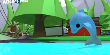 A playful blue dolphin leaps from the water in a bright forest scene in Roblox's "Adopt Me!" with the game logo in the top left corner.